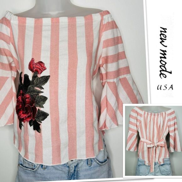New Mode USA Off The Shoulder Rose Embroidered Striped Top, Size Medium - Picture 1 of 10